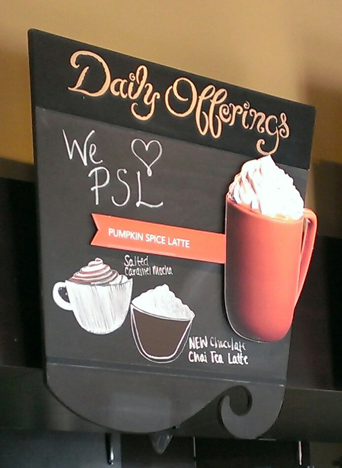 Starbucks restaurant menu featuring pumpkin spice latte