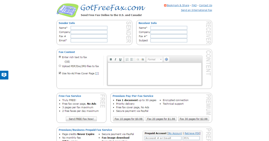GotFreeFax.com homepage screenshot